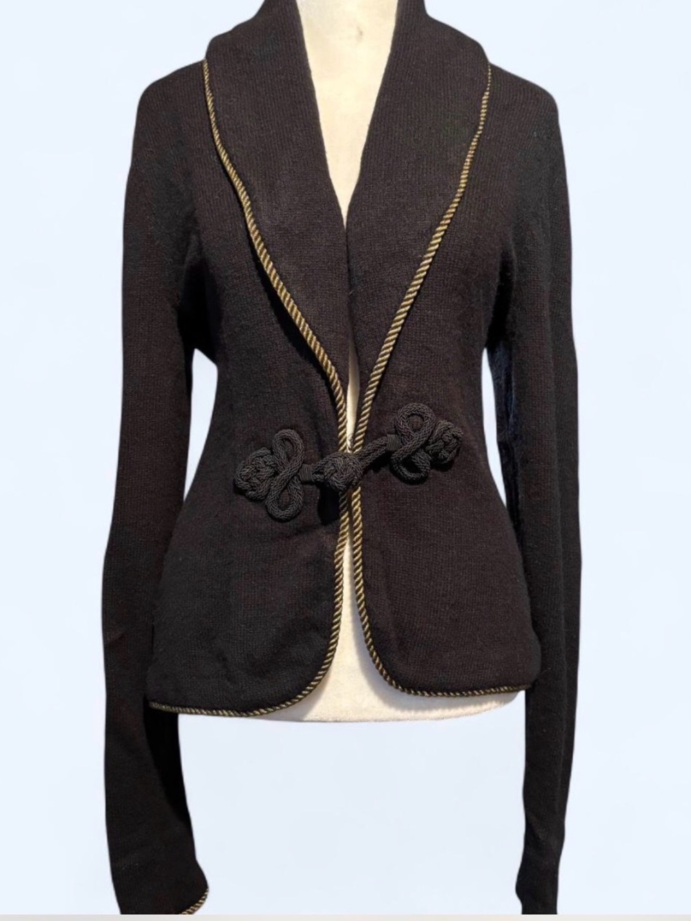 Ralph Lauren Black Knit Shawl-Collar Cardigan with Gold Trim